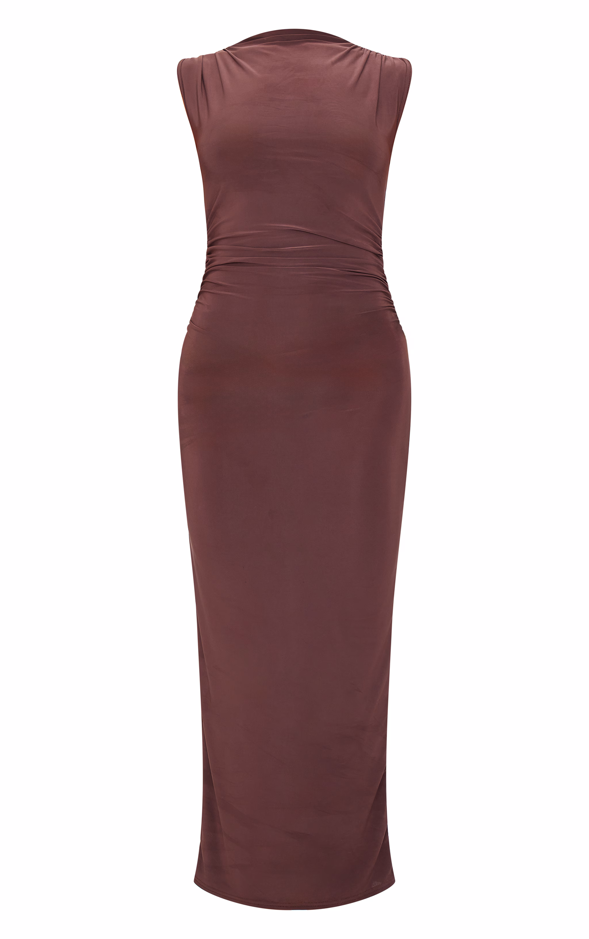 Chocolate Slinky High Neck Ruched Side Midaxi Dress