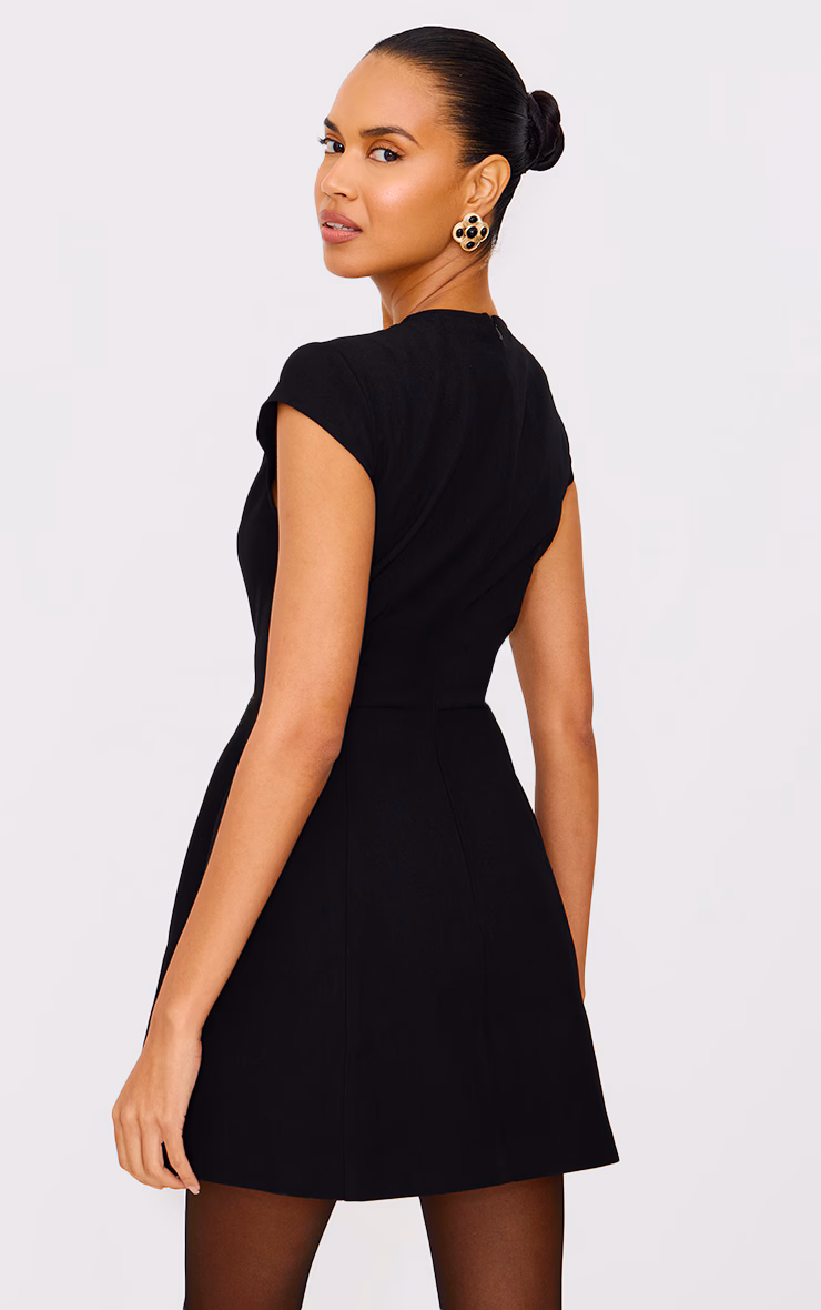 Black Cap Sleeve Mini Curved Shift Dress
