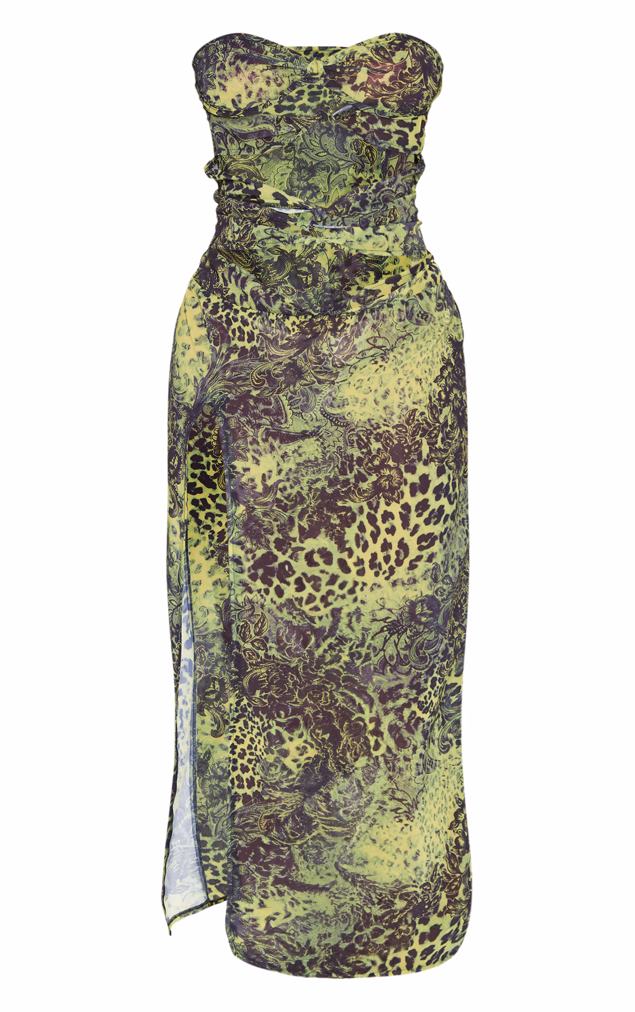 Shape Green Chiffon Leopard Printed Bandeau Cut Out Split Maxi Dress