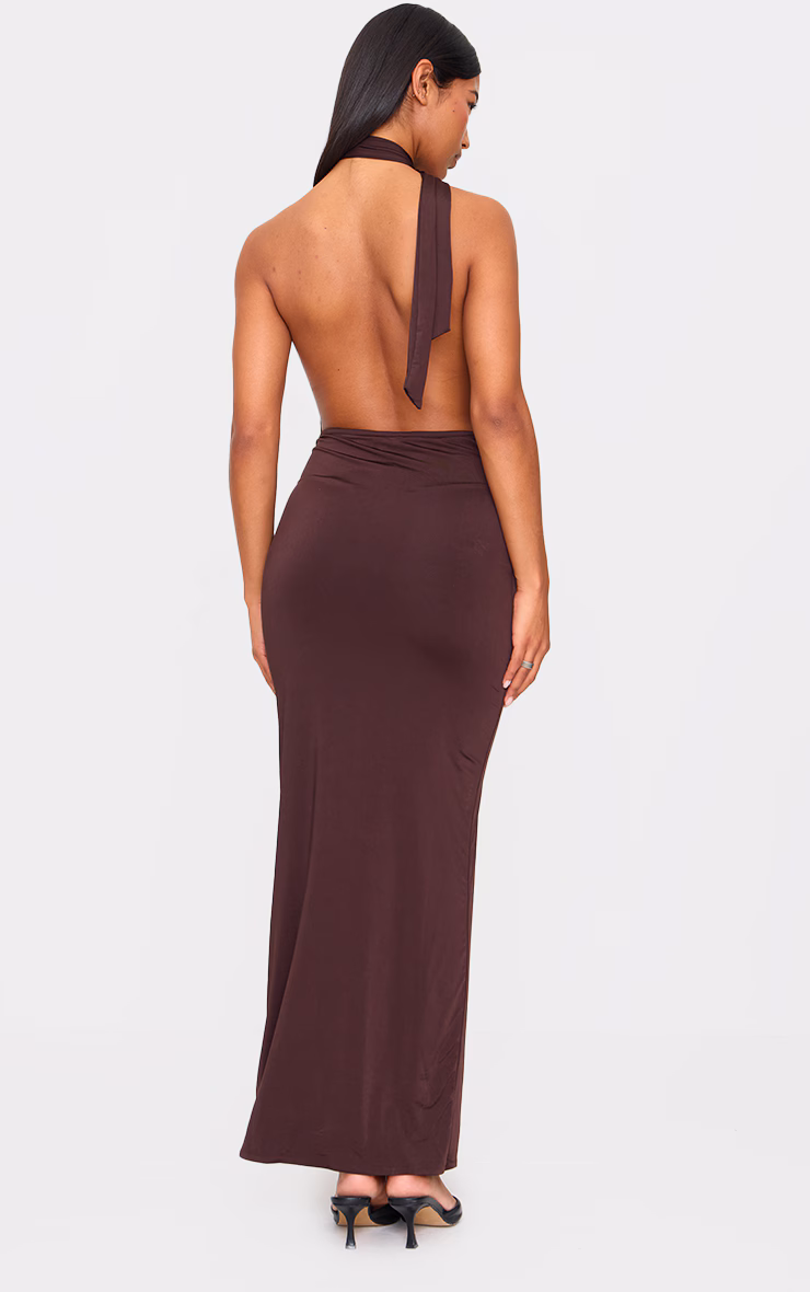 Chocolate Double Layer Slinky Wrap Neck Maxi Dress