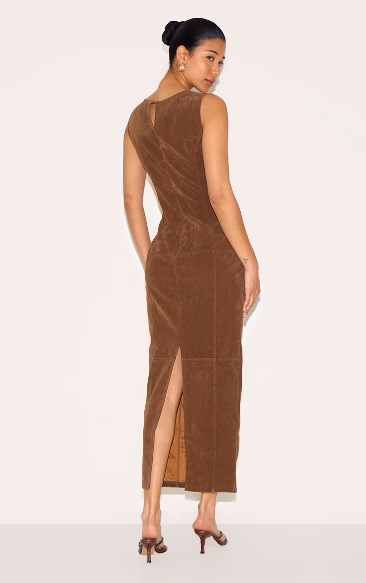 Chestnut Faux Suede Boat Neck Backless Maxi Dress