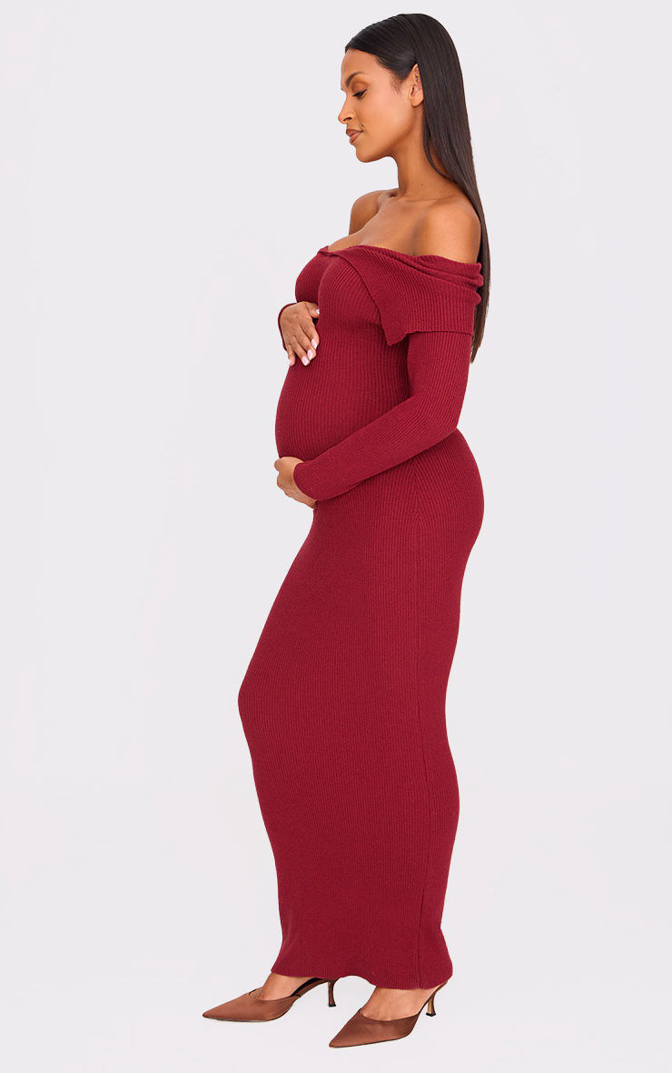 Maternity Burgundy Off The Shoulder Rib Knitted Maxi Dress