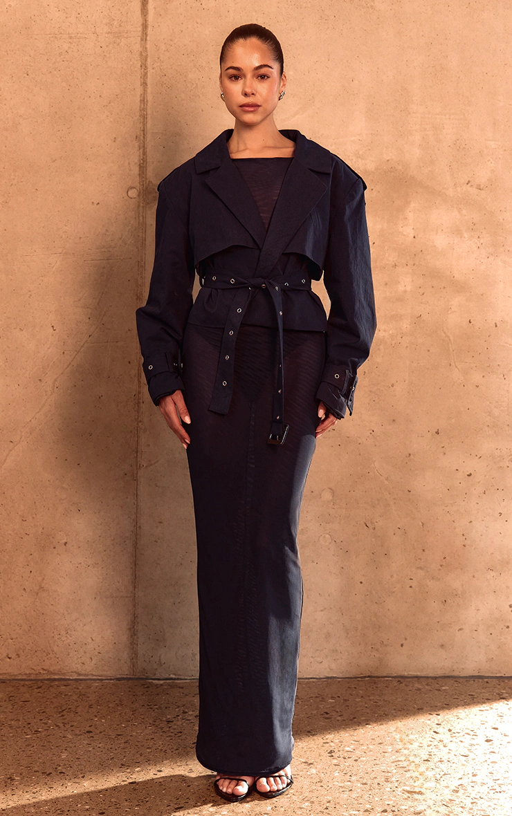 PLT Label Navy Double Layer Mesh Ruched Sleeve Detail Maxi Dress