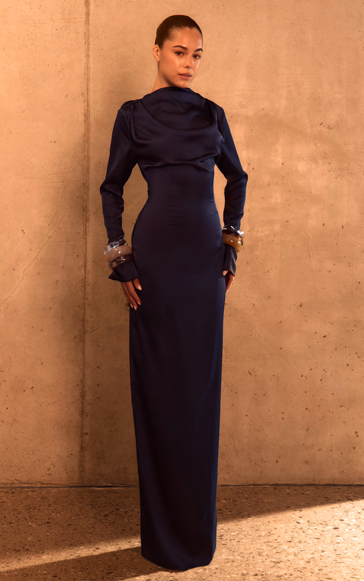 PLT Label Navy Satin Cowl Back Maxi Dress