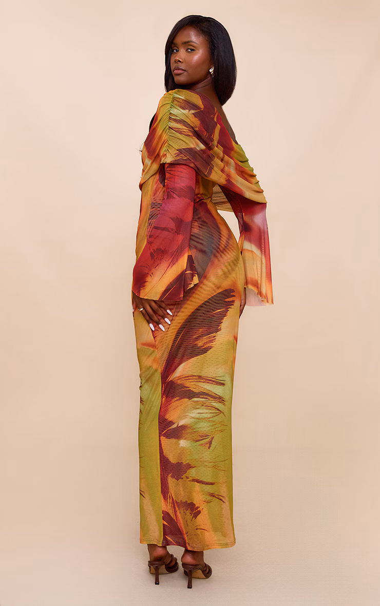 Orange Feather Print Lined Mesh Long Sleeve Maxi Dress