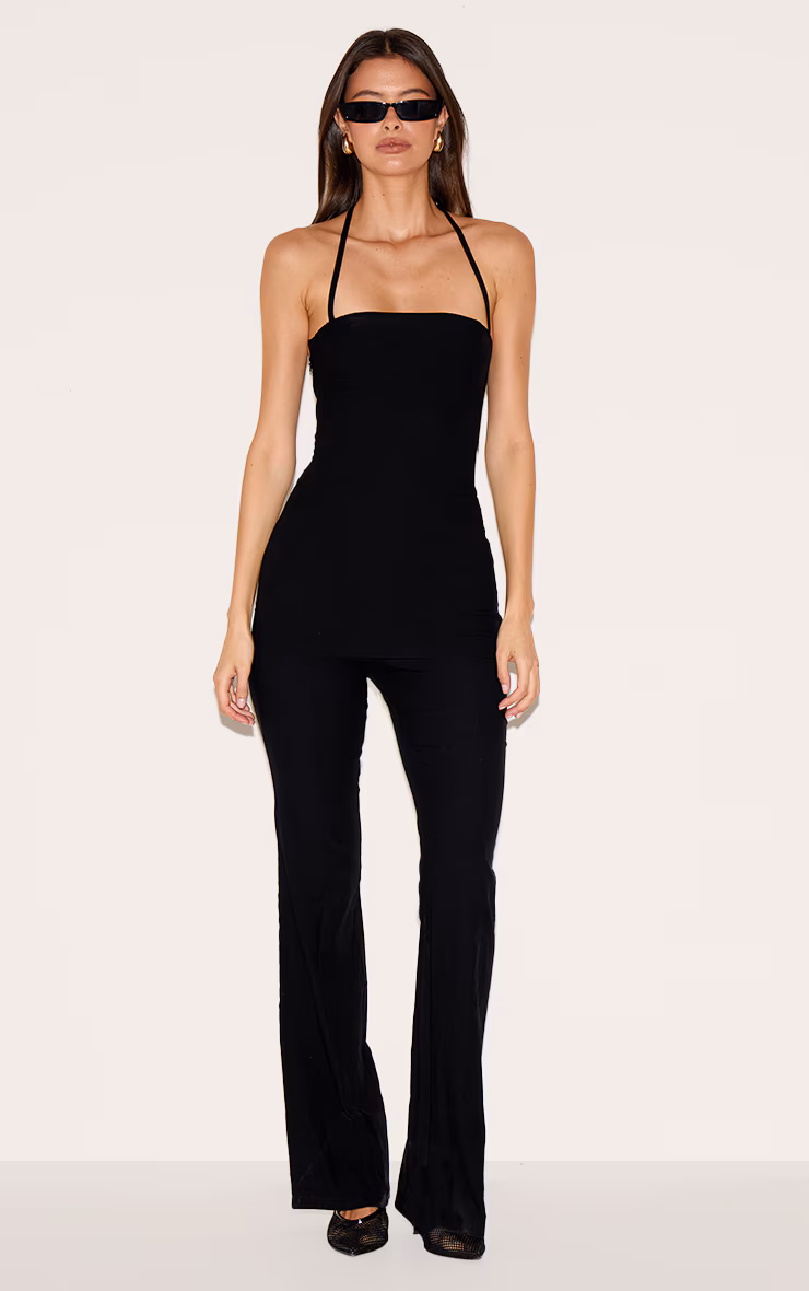 Black Woven Thin Halter Overlay Detail Jumpsuit