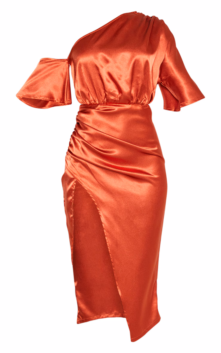 Rust Satin One Shoulder Ruched Skirt Midi Dress