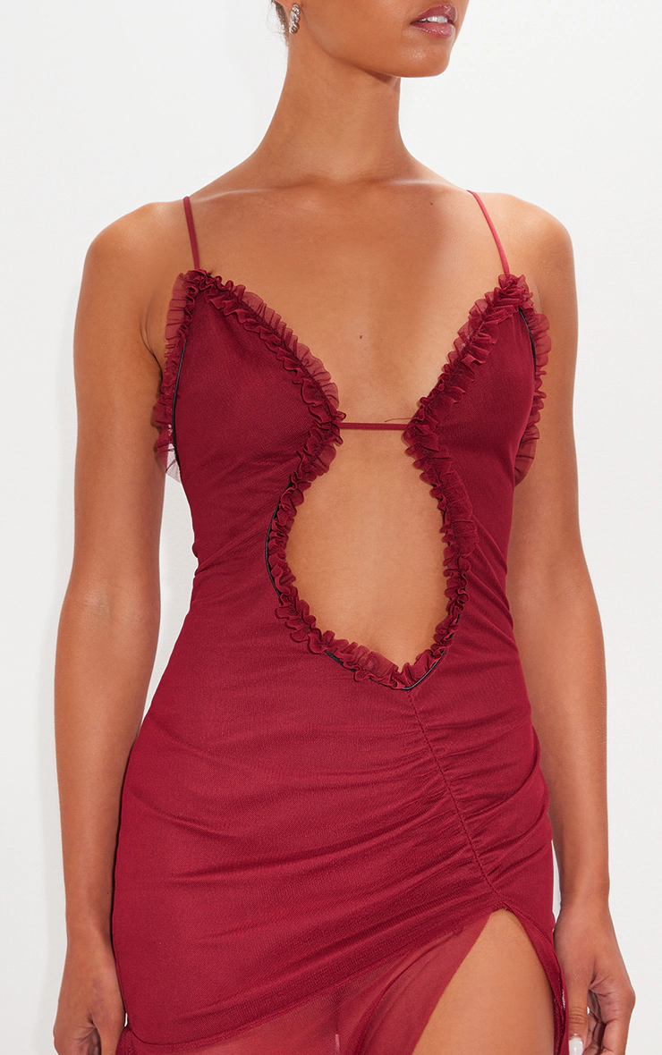 Burgundy Mesh Cut Out Frill Detail Ruched Bodycon Dress