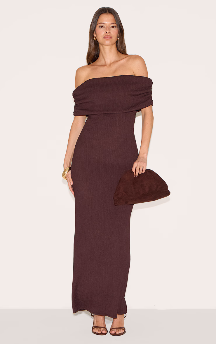 Chocolate Textured Fold Over Bardot Maxi Dress