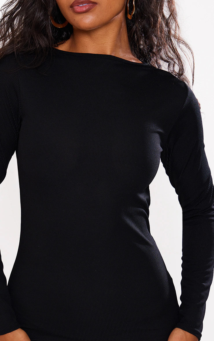 Black Ribbed Long Sleeve Bodycon Dress