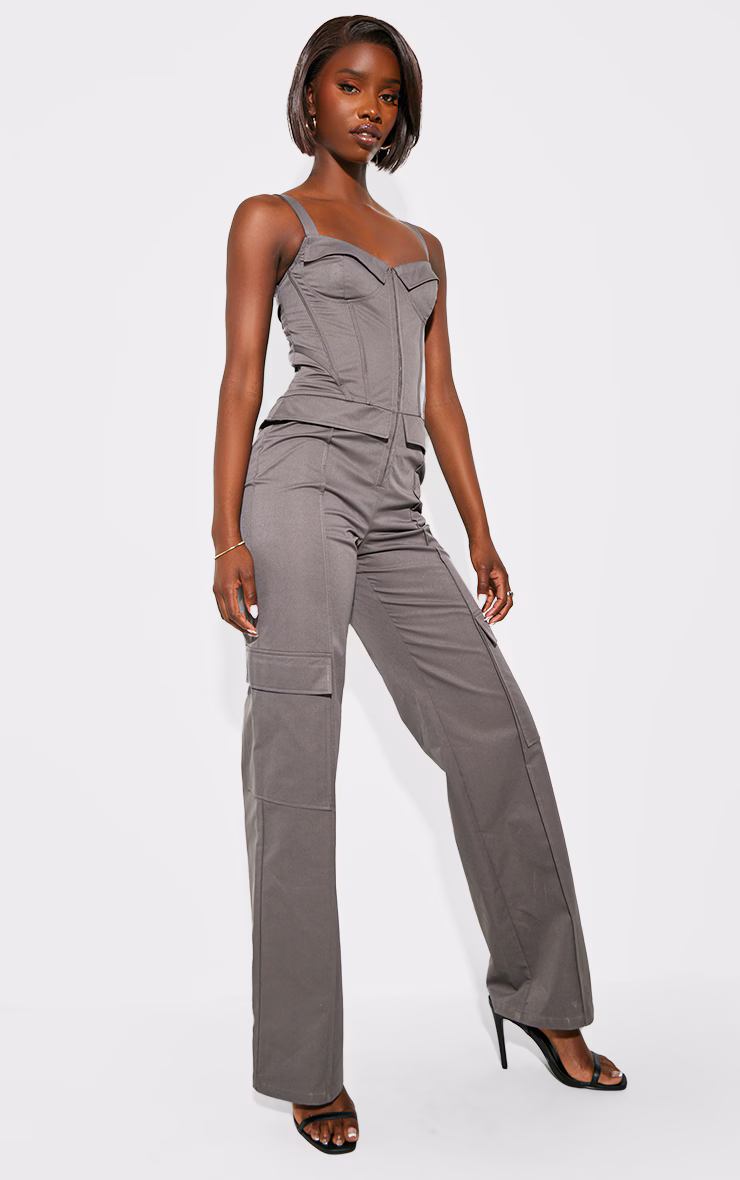 Tall Charcoal Corset Detailed Wide Leg Jumpsuit