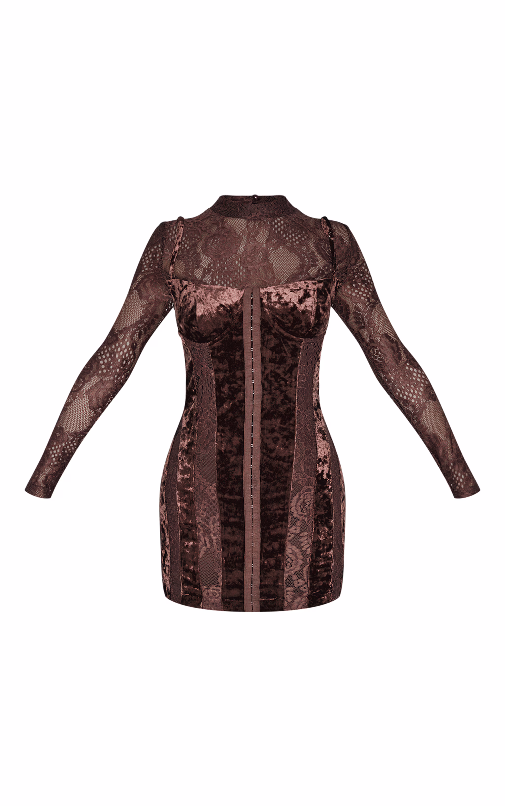 Petite Chocolate Crushed Velvet Long Sleeve Lace Detail Mini Dress