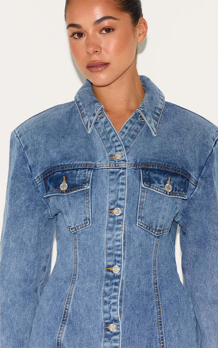 Mid Blue Wash Cinched Waist Denim Shirt Dress