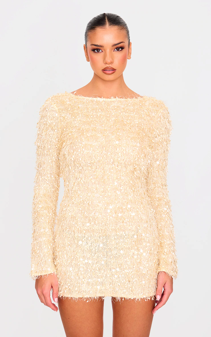 Butter Cream Textured Eyelash Long Sleeve Cowl Back Bodycon Dress