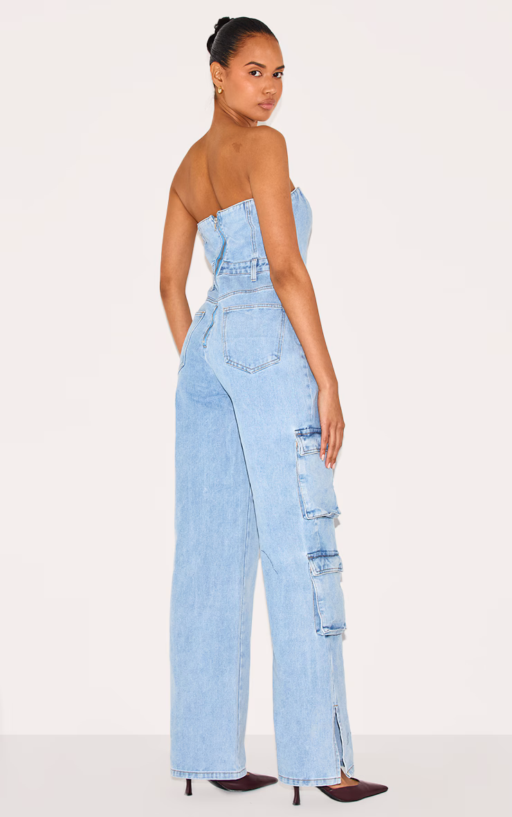 Light Blue Wash Cargo Pocket Bandeau Denim Jumpsuit
