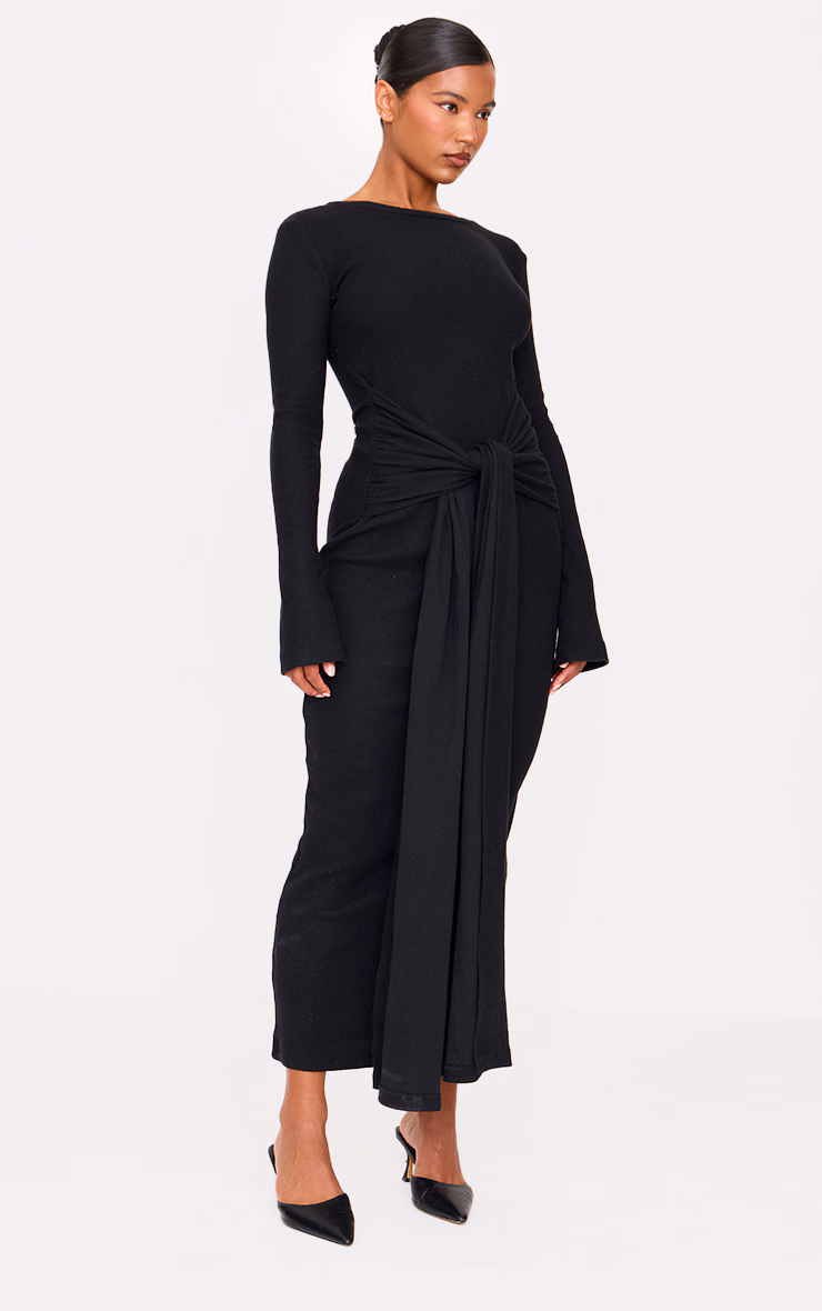 Black Heavy Brushed Rib Wrap Tie Maxi Dress