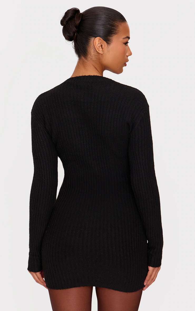 Black Soft Textured Rib Knit Mini Dress