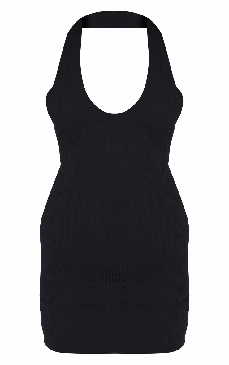 Black Ribbed Halterneck Tie Back Bodycon Dress