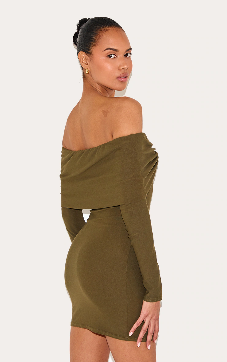 Khaki Soft Touch Twist Detail Bardot Bodycon Dress