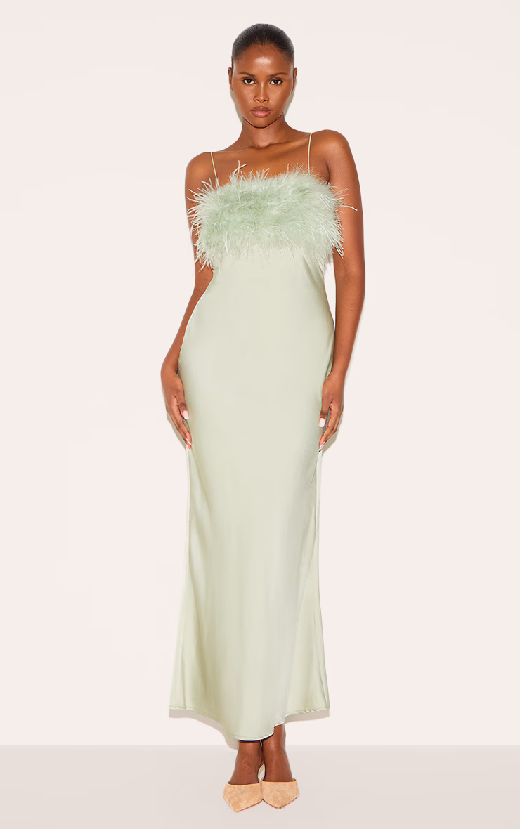 Sage Satin Feather Bust Detail Strappy Maxi Dress
