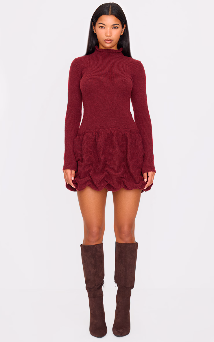 Burgundy High Neck Knitted Puffball Mini Dress