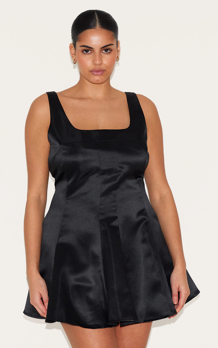 Plus Black Satin Square Neck Pleated Shift Dress