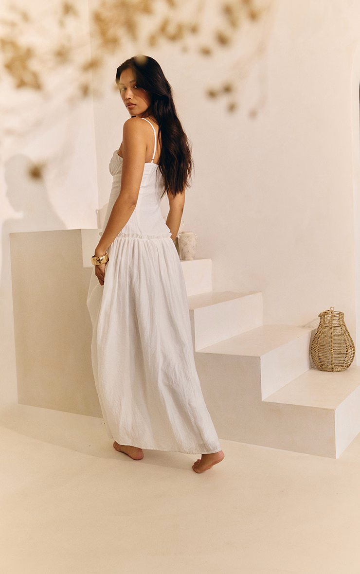 White Ruched Bust Drop Waist Maxi Dress