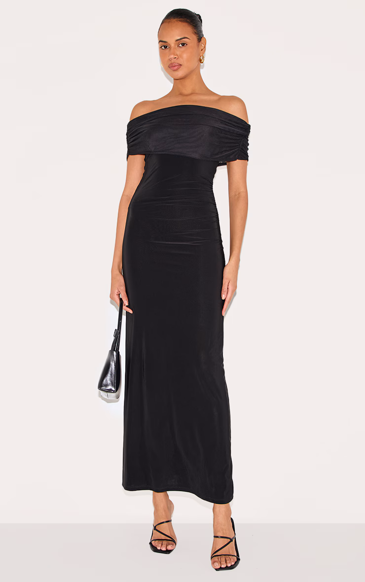 Black Double Layer Slinky Mesh Overlay Maxi Dress