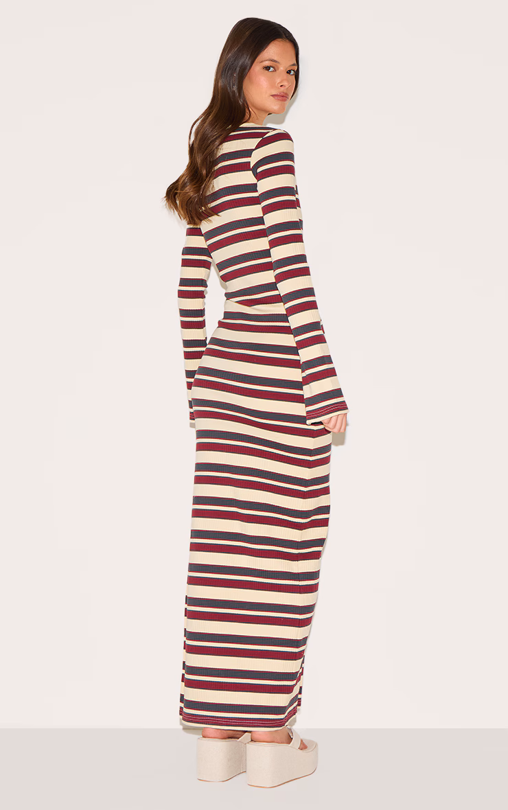 Burgundy Striped Boat Neck Long Sleeve Bodycon Dress