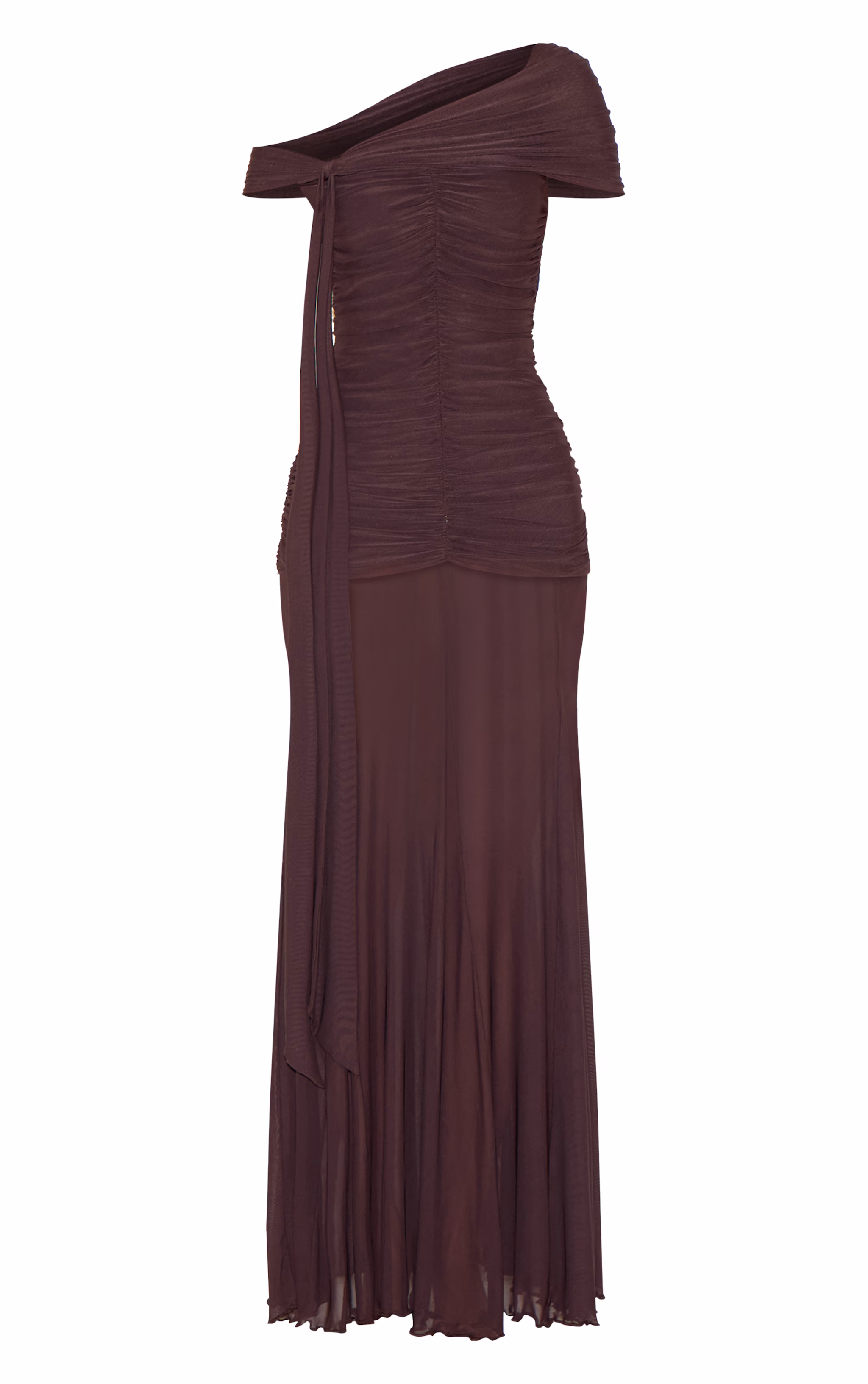 Brown Lined Mesh Bardot Maxi Dress