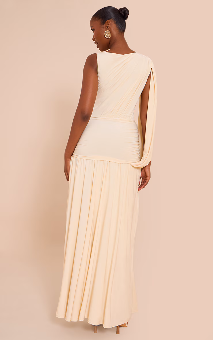 Butter Cream Double Layer Slinky Ruched One Shoulder Maxi Dress