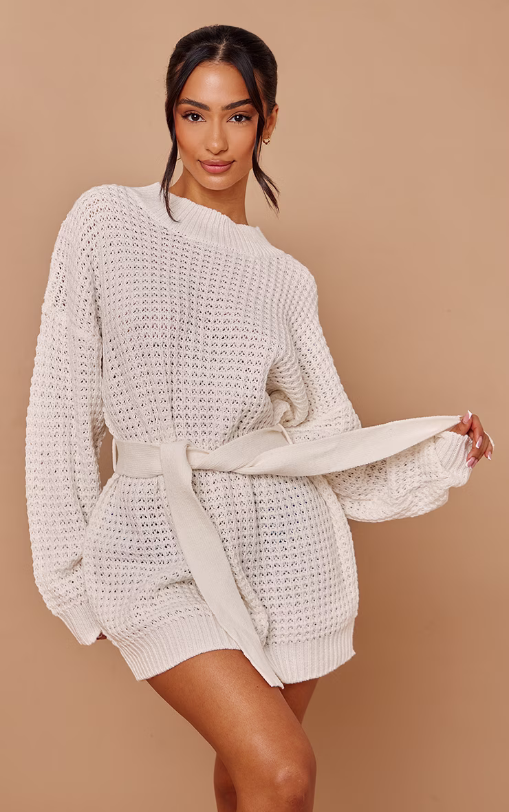 Petite Cream Soft Touch Belted Knit Sweater Dress