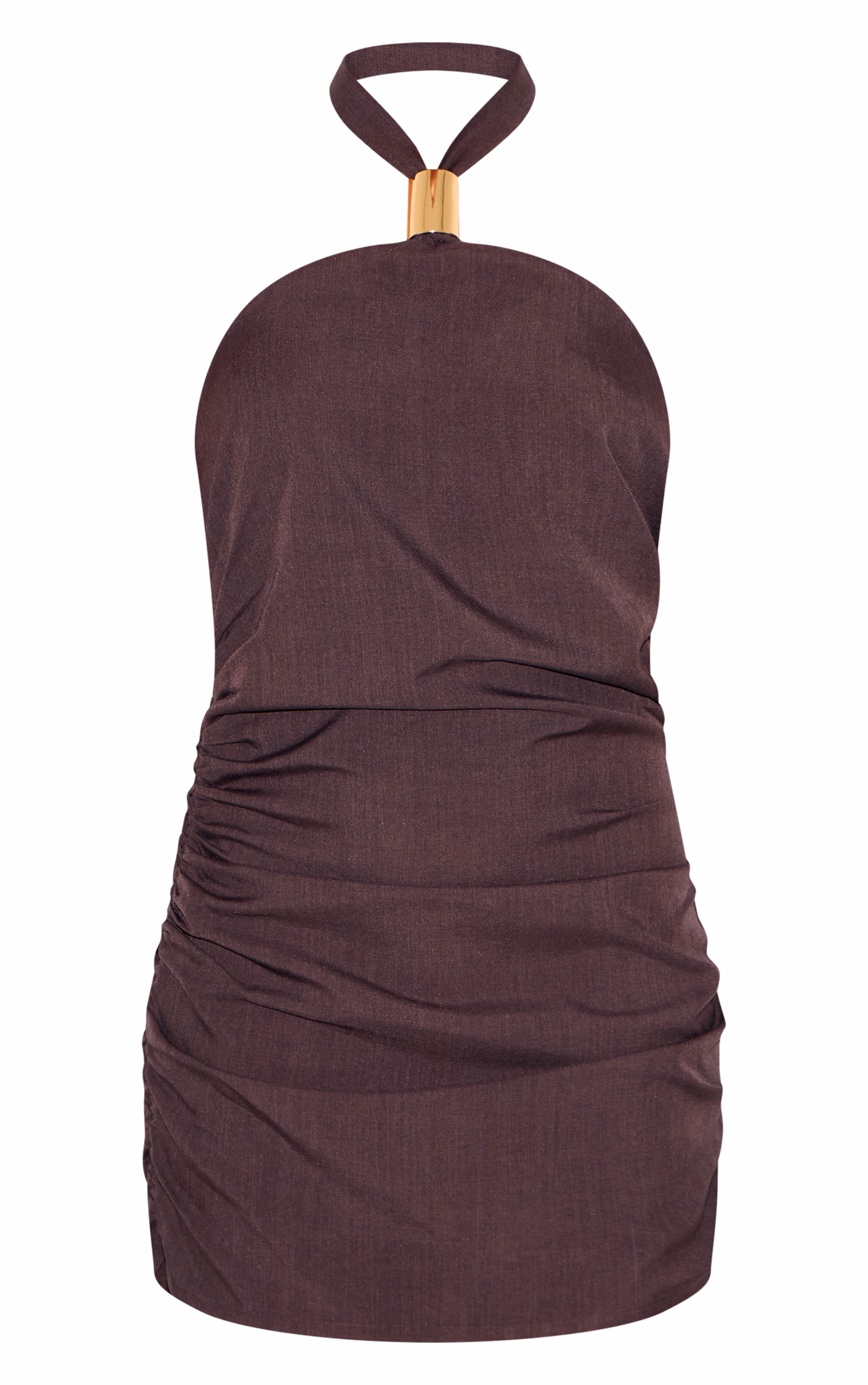 Petite Dark Plum Halterneck Trim Detail Ruched Bodycon Dress