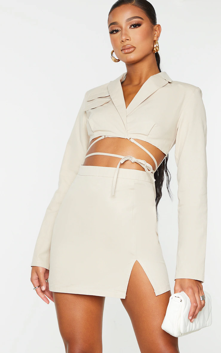 Stone Woven Cut Out Tie Waist Utility Style Blazer Bodycon Dress