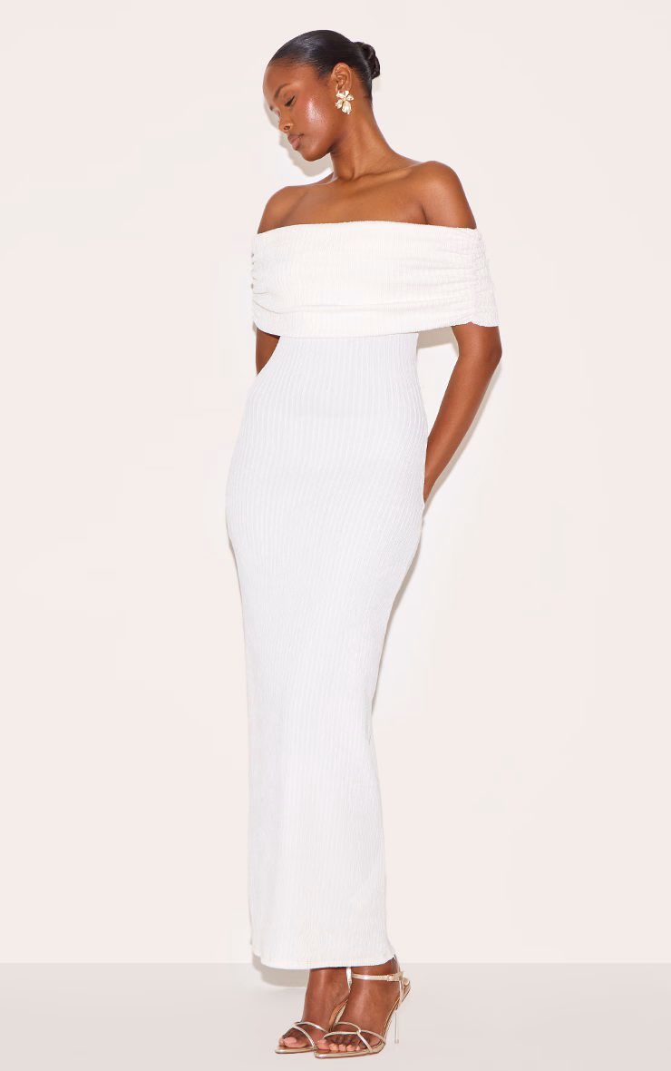 Cream Textured Fold Over Bardot Maxi Dress