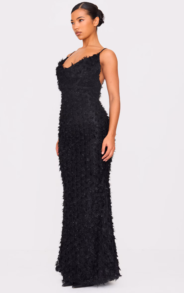 Black Textured Cowl Neck Maxi Dress