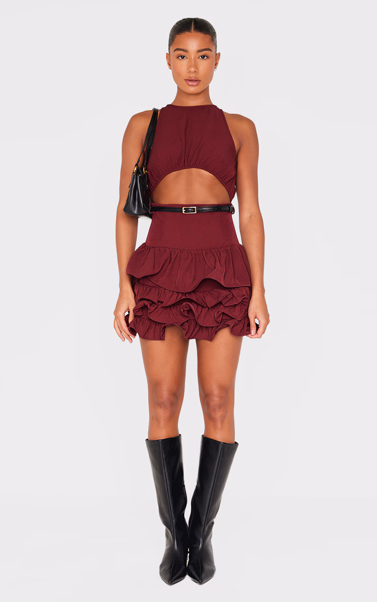 Wine Cut Out Belted Frill Hem Shift Dress