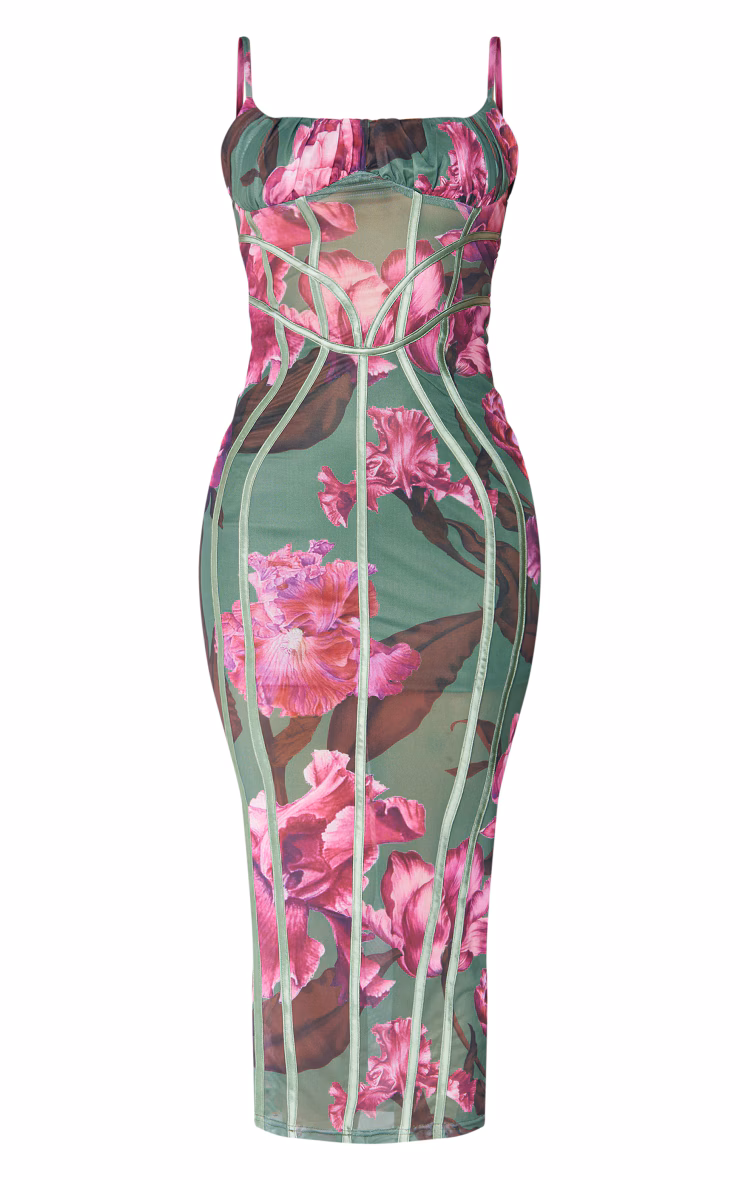 Green Floral Print Mesh Binding Detail Midaxi Dress