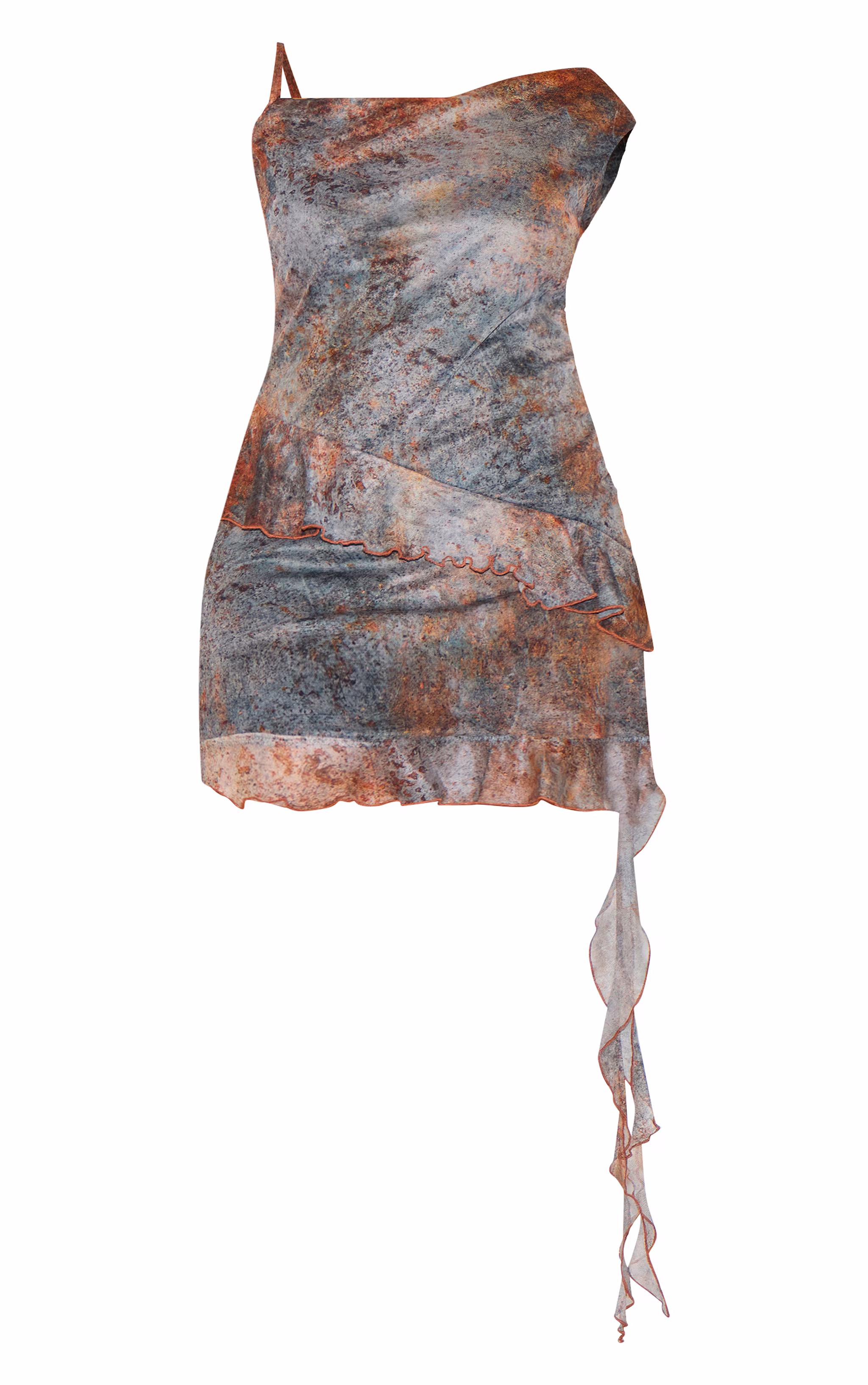 Plus Brown Print Asymmetric Neck Frill Detail Bodycon Dress