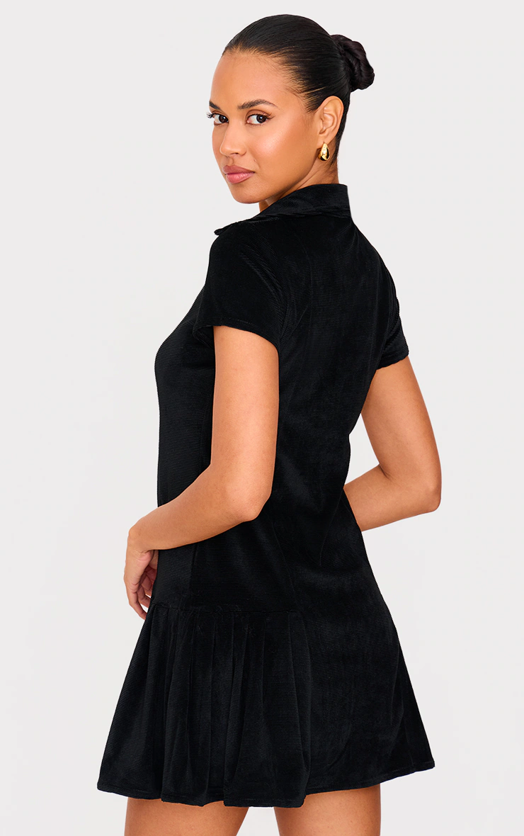 Black Cord Button Down Cap Sleeve Pleated Hem Shift Dress