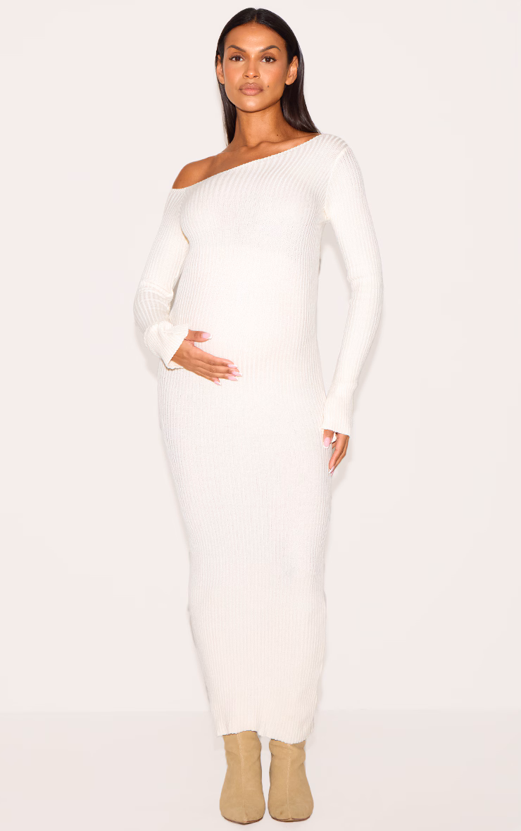 Maternity Cream Asymmetric Long Sleeve Rib Knit Maxi Dress