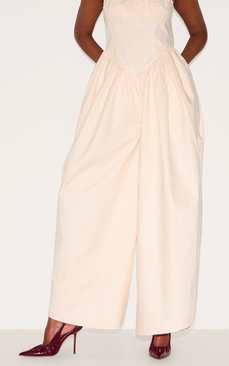 Cream Premium Ruched Corset Detail Wide Leg Jumpsuit