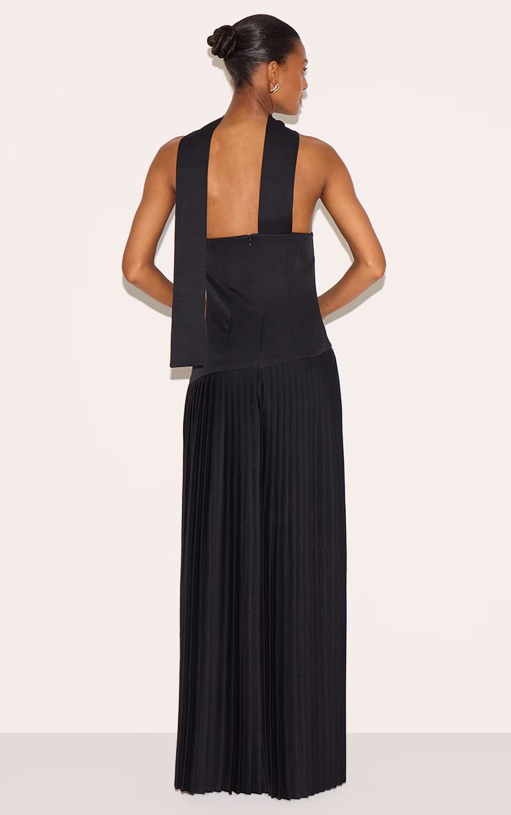 Black Woven Asymmetric Pleated Maxi Dress