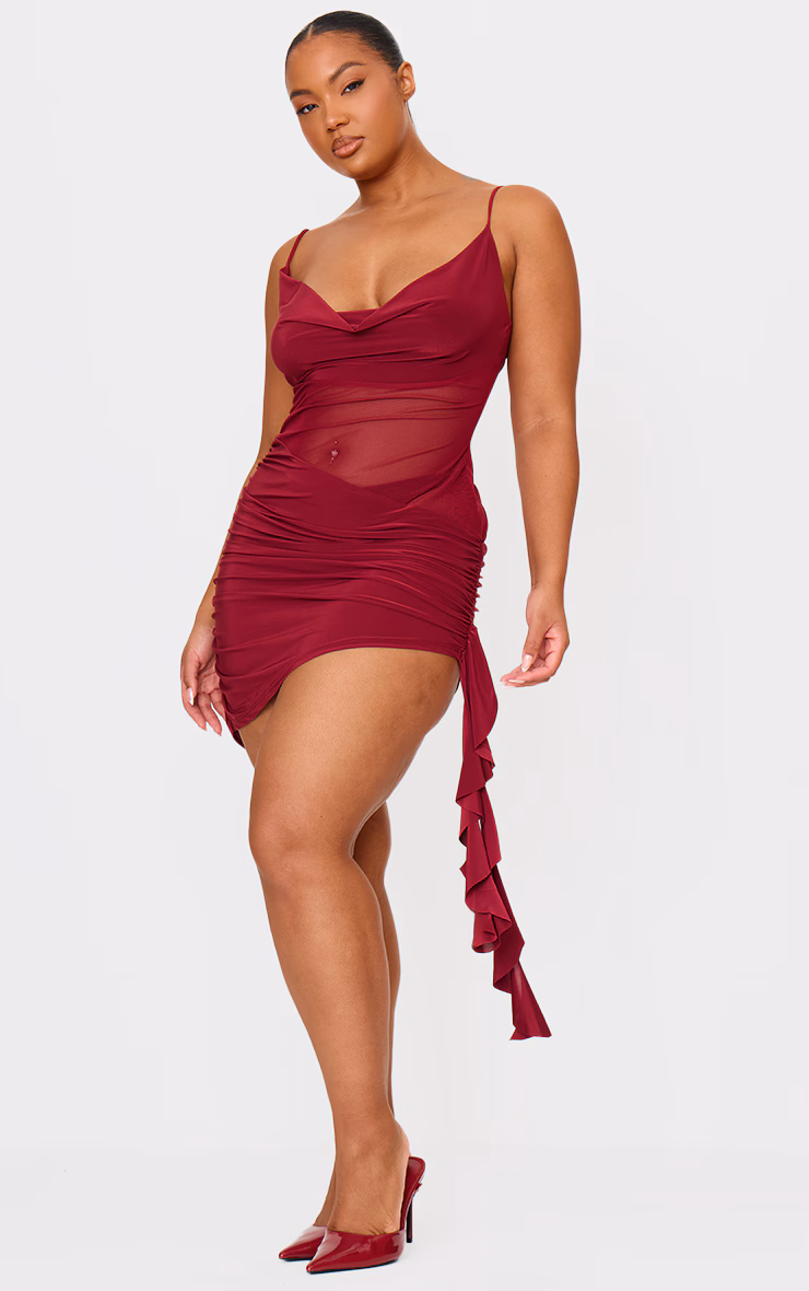 Plus Wine Double Layer Slinky Mesh Panel Bodycon Dress