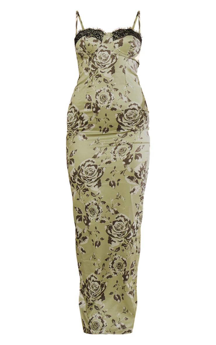 Green Satin Print Lace Trim Maxi Dress