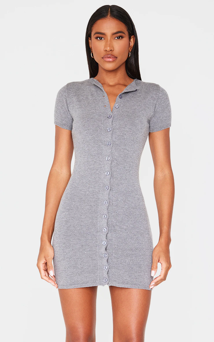 Charcoal Soft Knit Button Through Mini Dress