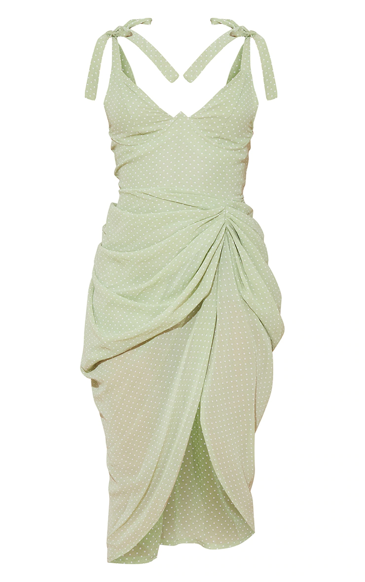 Sage Green Polka Dot Draped Underwire Detail Midi Dress
