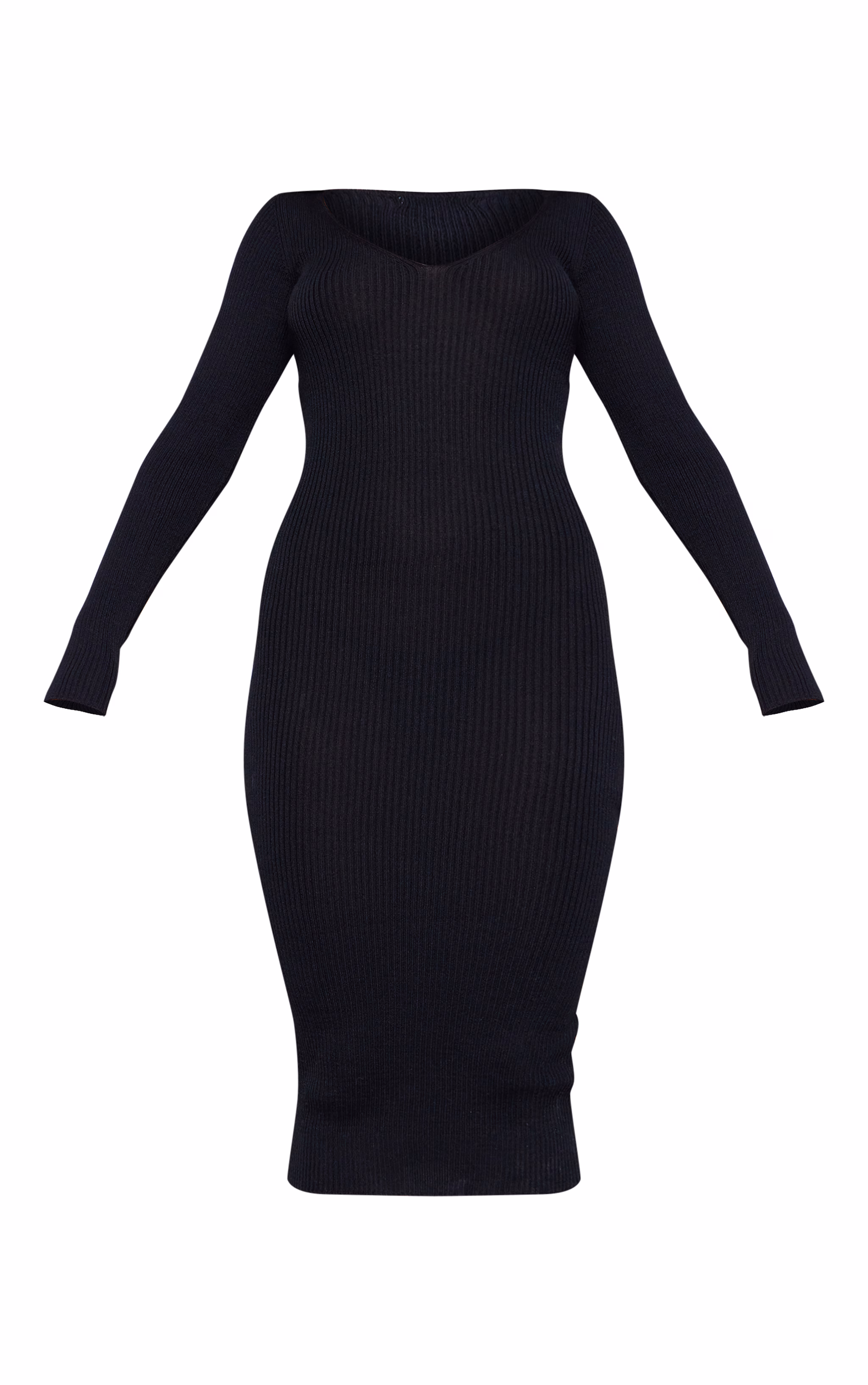 Black V Neck Knit Midi Dress