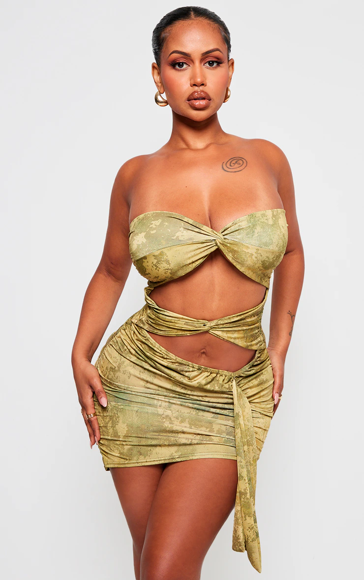 Shape Green Slinky Tie Dye Print Bandeau Twist Front Bodycon Dress