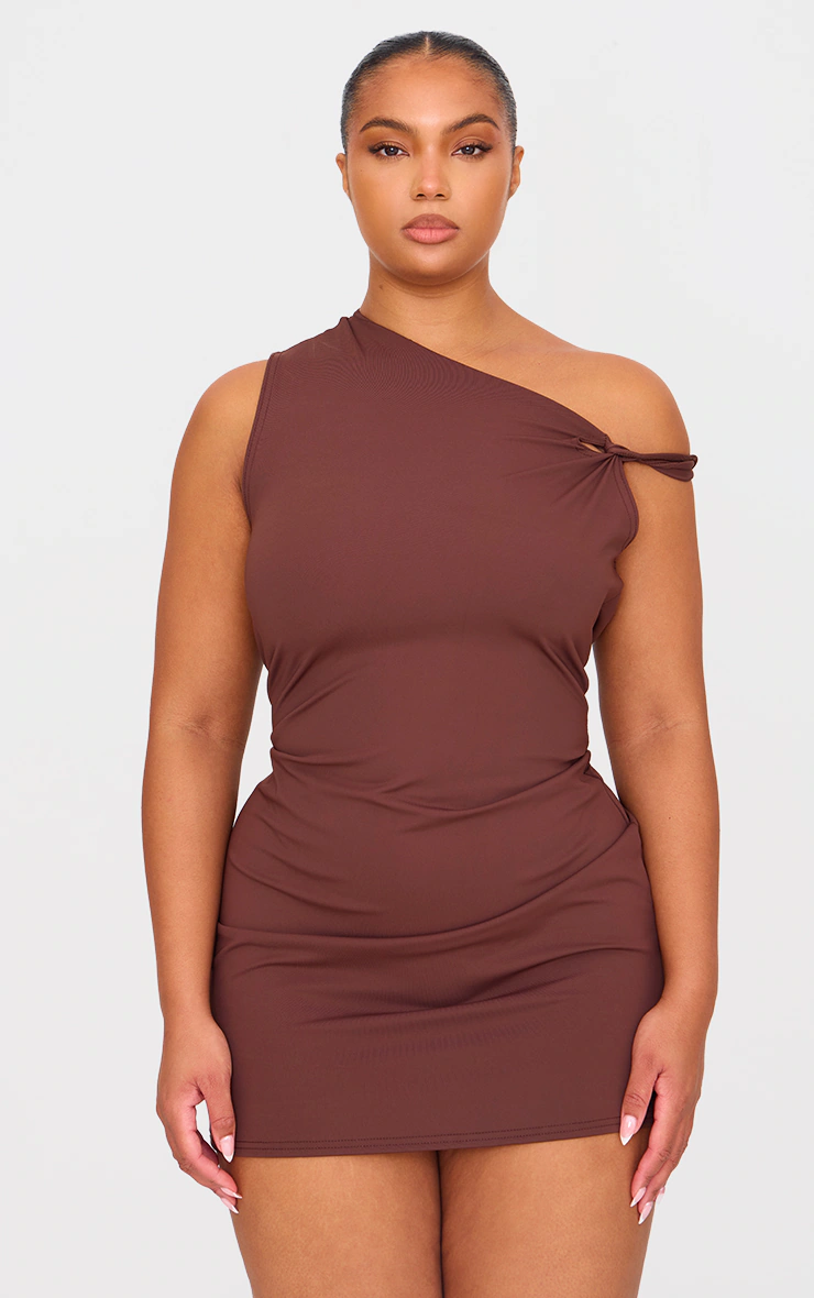 Plus Chocolate Contour Sleeveless Knot Detail Mini Dress